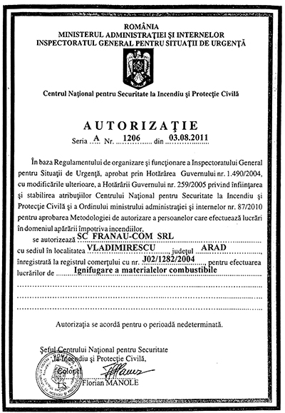 autorizatie ignifugare franau